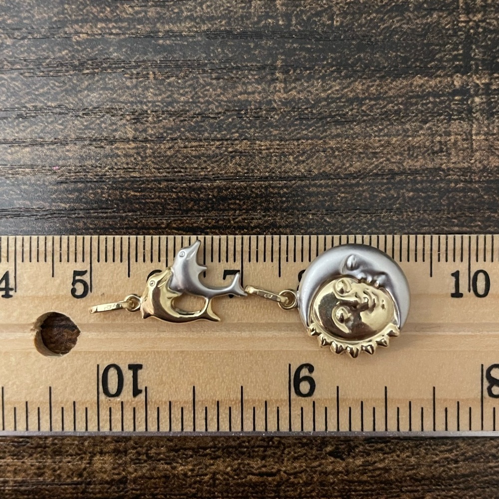 14k solid gold two tone reversible puffy dolphins pendants 3d brushed polished - Picture 6 of 10